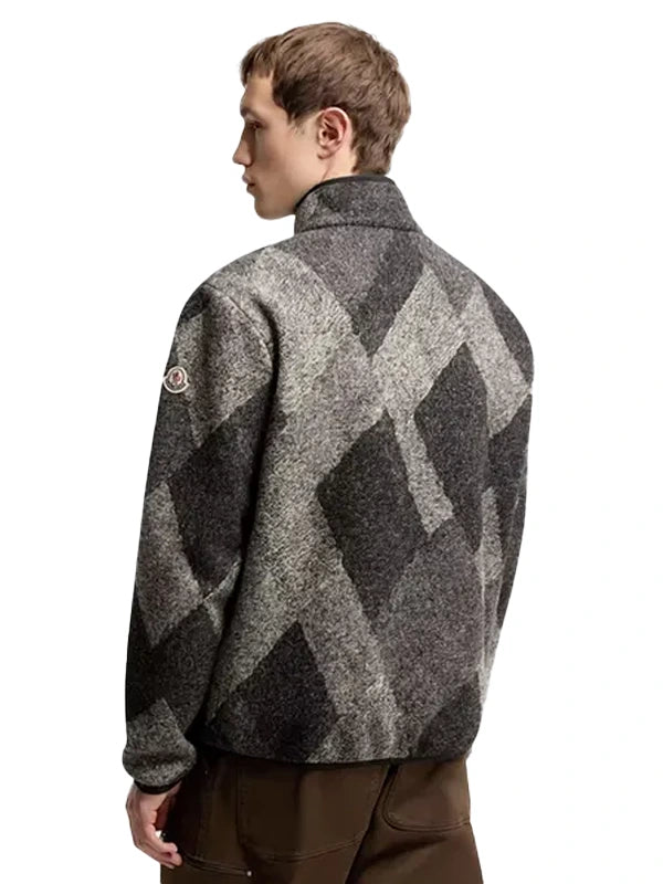 Diamond Pattern Wool Blend Zip-Up Cardigan