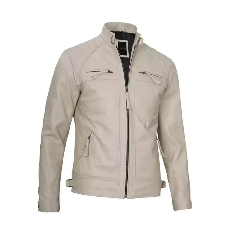 Men’s Beige Quilted Cafe Racer Leather Jacket
