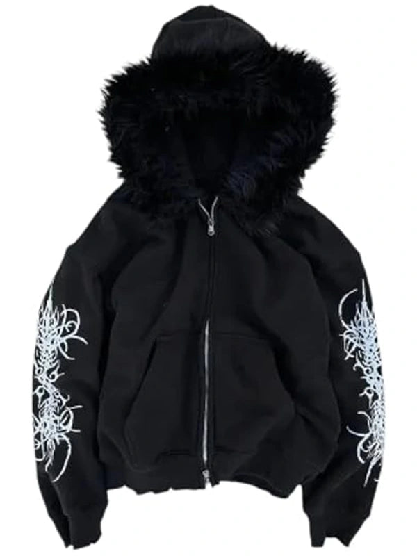 Black Fur Trimmed Gothic Cross Print Zip-Up Hoodie