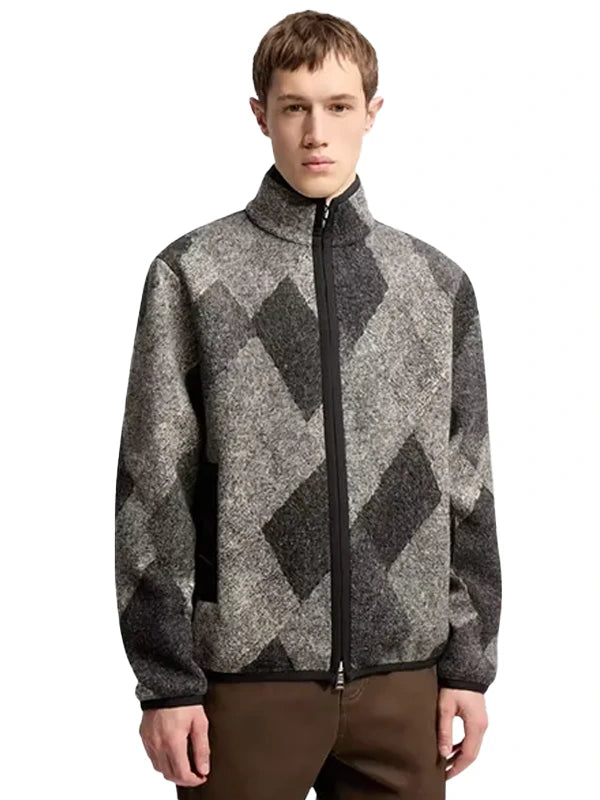 Diamond Pattern Wool Blend Zip-Up Cardigan