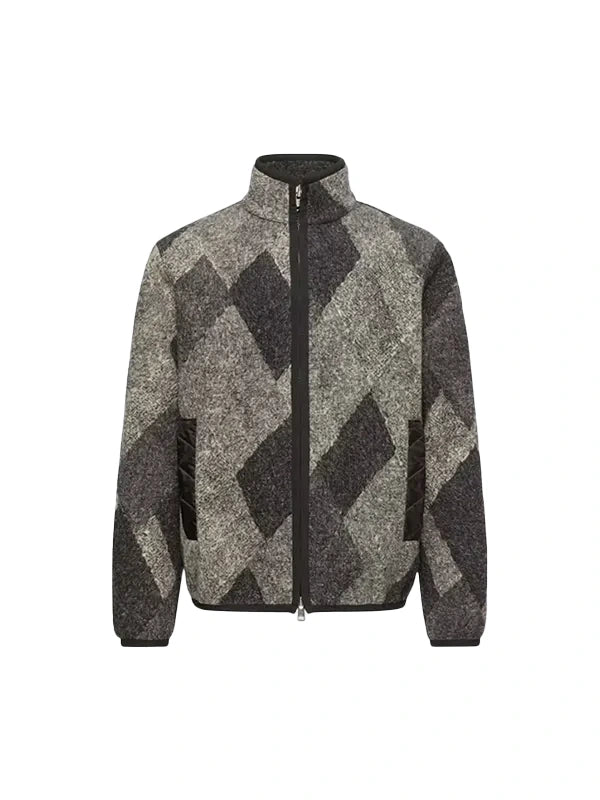 Diamond Pattern Wool Blend Zip-Up Cardigan