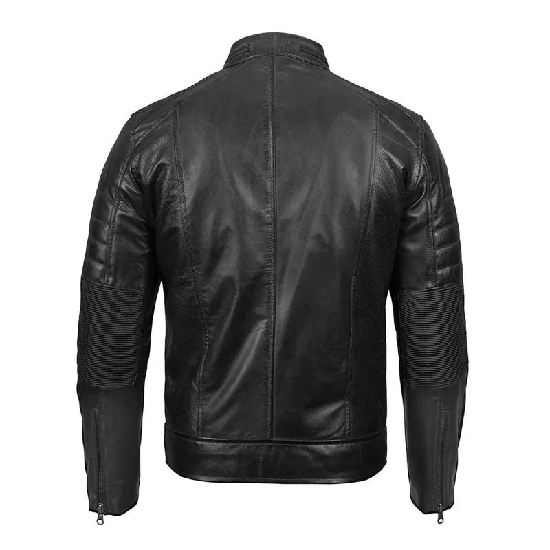 Mens Snap Tab Collar Black Cafe Racer Leather Jacket