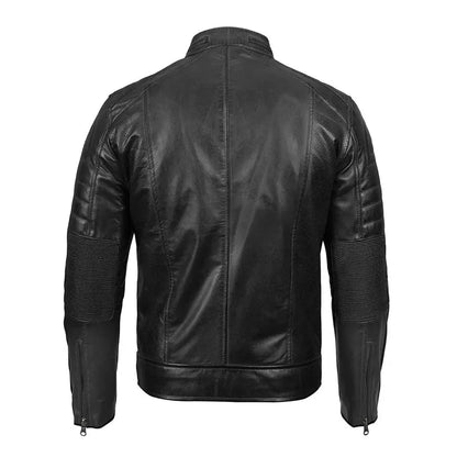 Mens Snap Tab Collar Black Cafe Racer Leather Jacket