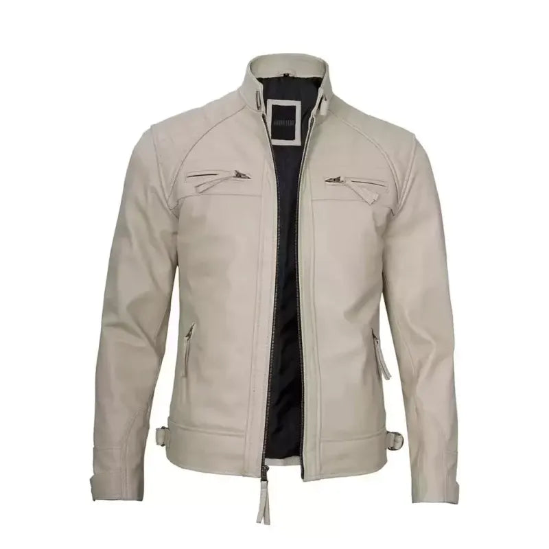 Beige Quilted Cafe Racer Leather Jacket