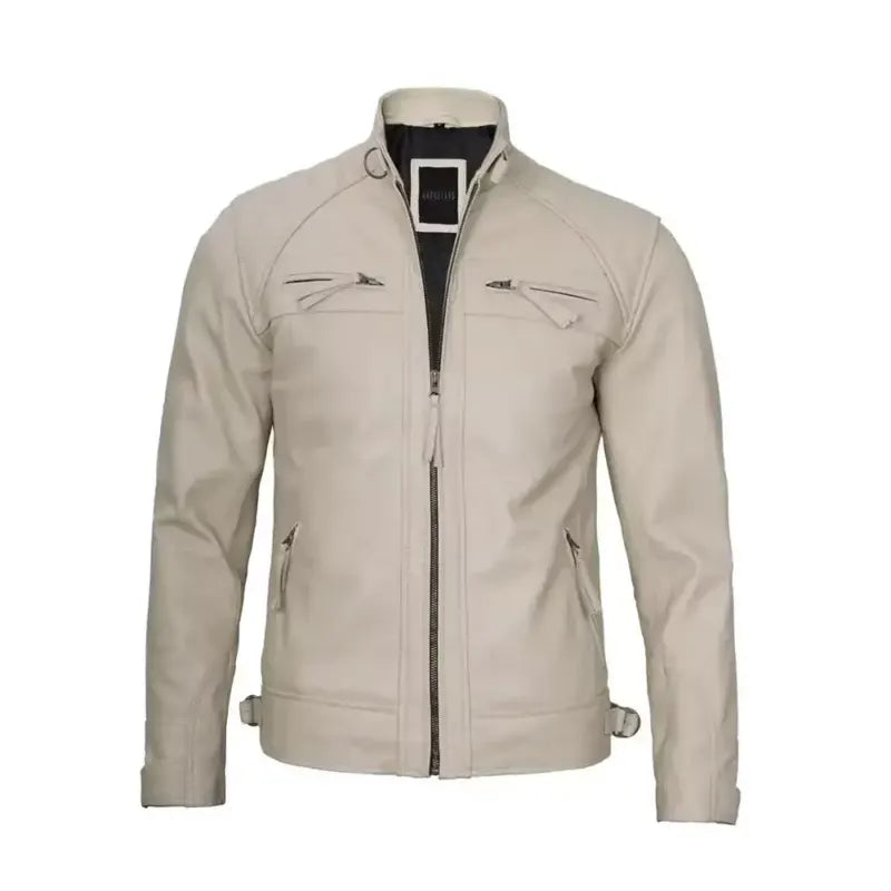Men’s Beige Cafe Racer Leather Jacket