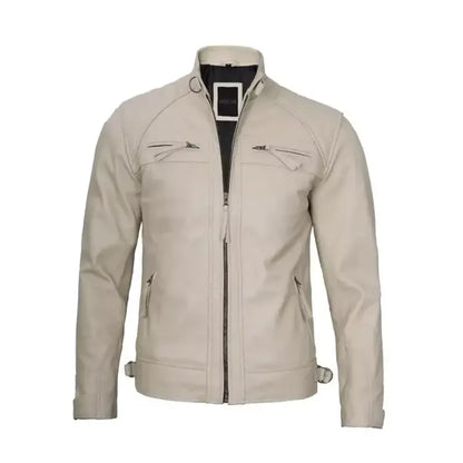 Men’s Beige Cafe Racer Leather Jacket