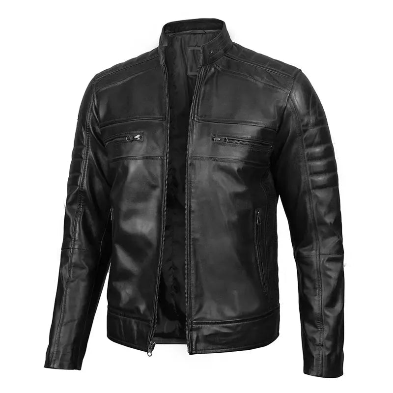 Mens Snap Tab Collar Black Cafe Racer Leather Jacket