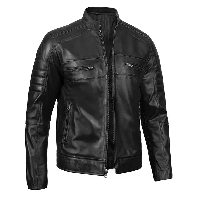 Mens Snap Tab Collar Black Cafe Racer Leather Jacket