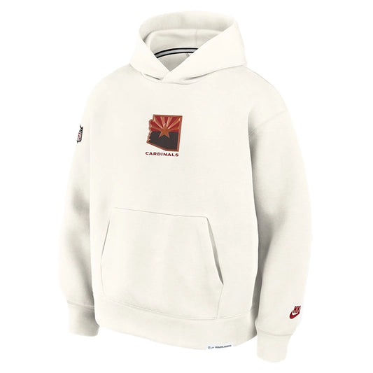 Cream hoodie with a logo on the chest against a white background