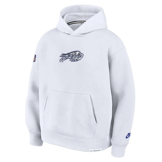 White hoodie with a logo on the chest against a white background