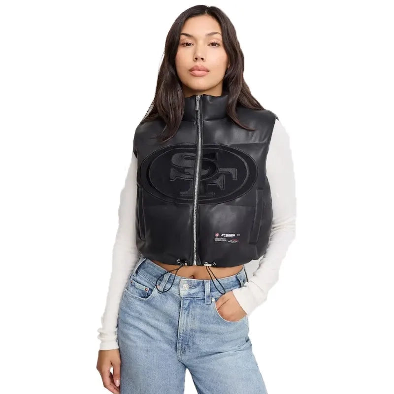 San Francisco 49ers Faux Leather Cropped Puffer Vest