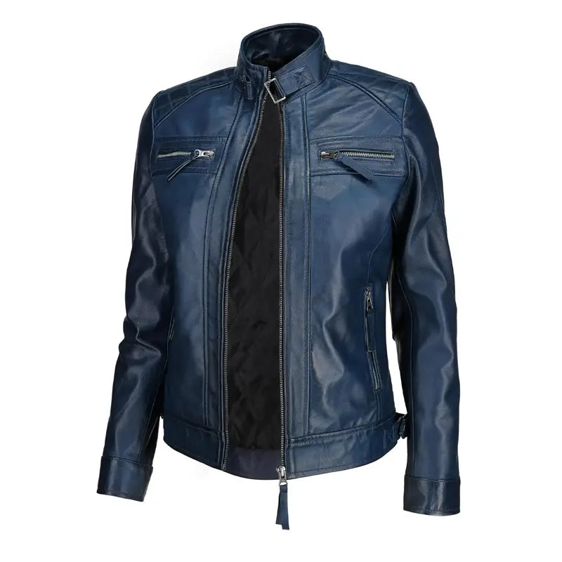 Women Blue Quilted Biker Leather Jacket