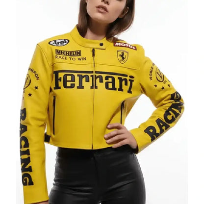 Women Ferrari Yellow Cropped Racing Jacket