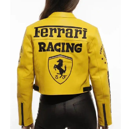 Women Ferrari Yellow Cropped Racing Jacket