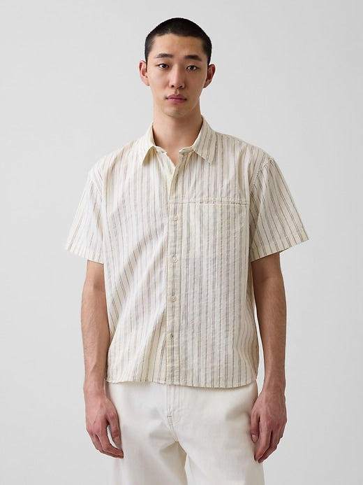 Seersucker Stripe Relaxed Curved-Hem Shirt
