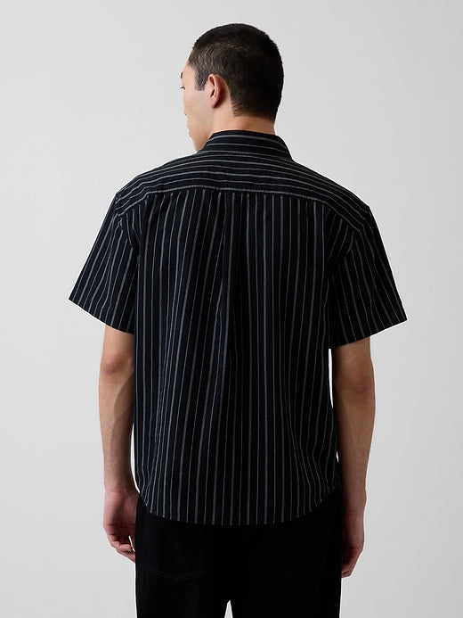 Seersucker Stripe Relaxed Curved-Hem Shirt