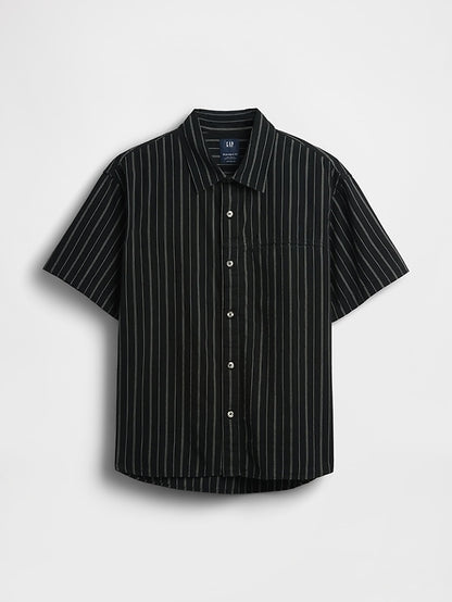 Seersucker Stripe Relaxed Curved-Hem Shirt