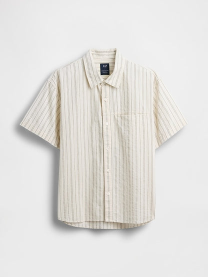 Seersucker Stripe Relaxed Curved-Hem Shirt
