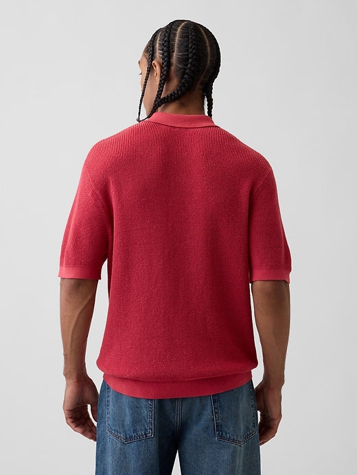 Linen-Blend Camp Polo Sweater Shirt
