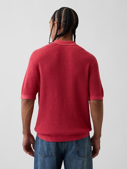 Linen-Blend Camp Polo Sweater Shirt