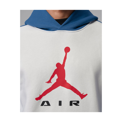 A close-up of a white sweatshirt with a blue hood and a large red Jordan logo on the chest, with the word 'AIR' printed below in black.